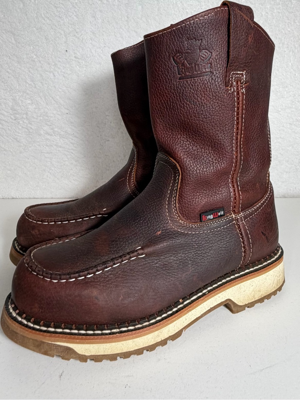 King Welt Lasso Moc Toe Leather Pull On Work Boots Brown Men 8.5 Steel Toe